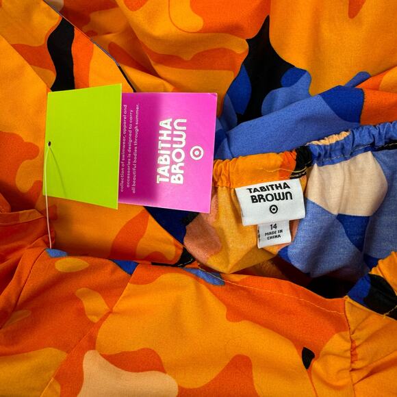 Tabitha Brown for Target Women's Puff Sleeve Tie Back Dress Size 14 Orange Blue - Picture 3 of 15